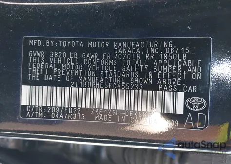 2015 Toyota Corolla S Plus из США, поврежденный, VIN 2T1BURHE5FC455233